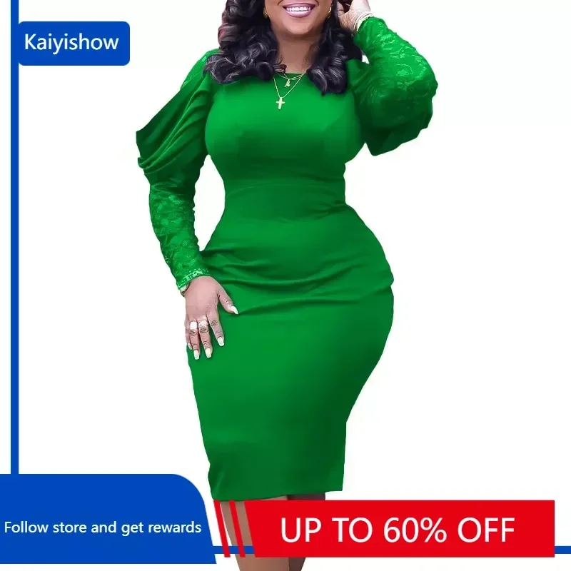 Customized African Dresses For Women Spring Autumn Africa Clothing Lace Sleeve Dress Sexy O-Neck Perspective Slim Dress Office L