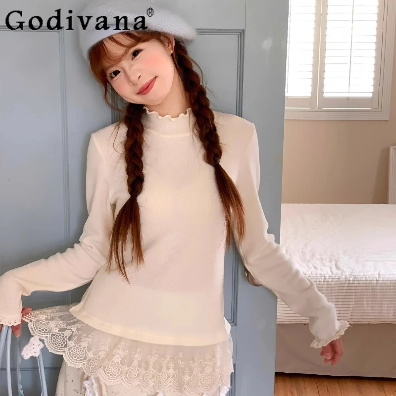 

Осень-зима, белые футболки для женщин, рубашка с длинными рукавами и рюшами на воротнике, женская футболка в стиле Лолиты в японском стиле, топ