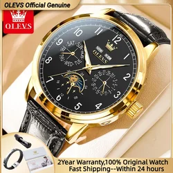 OLEVS Original Automatic Watch for Men Leather Strap Classic Fashion Stainless steel Waterproof Luminous Moon Phase Wristwatch