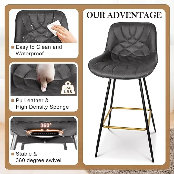 Faux Leather Bar Stools Set Of 2, 29 Inch Counter Height Bar Stools, Swivel Kitchen Counter Bar Stool, Kitchen Island Chairs,