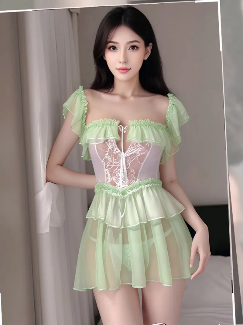 Neue Sexy Sexy Pure Desire Sommer Süße Mädchen Hüfte-revealing Strap Transparent Kleid Elegante Nachthemd Grün Süße Mini kleid 18J6