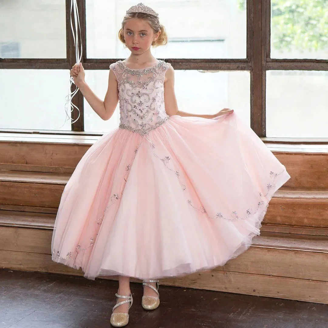 

Customized Blush Pink Flower Girl Dresses For Wedding Crystal Tulle Luxury Princess First Communion Quinceanera Birthday Gown
