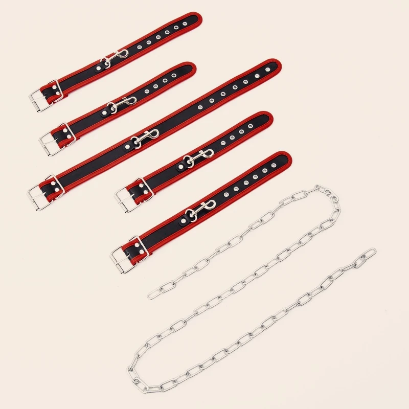 مجموعة قيود عبودية جلدية - أصفاد لليدين والكاحل بسلسلة معدنية مع ياقة للرقبة للعب الأزواج BDSM #3