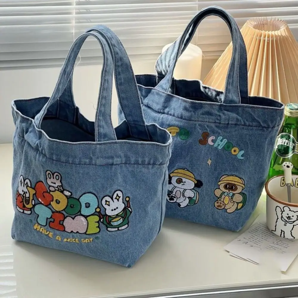 Cartoon Embroidery Lunch Bag Cute Large Capacity Washed Denim Handbag Food Storage Picnic Pouch Outdoor