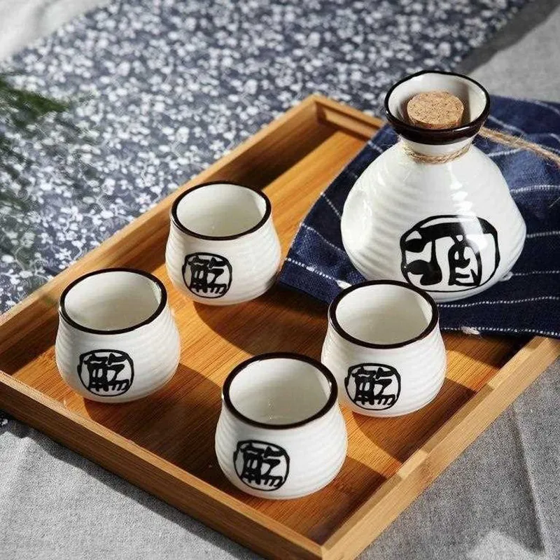 250ml Vintage Ceramic Sake Pot with 6 Cups Set Japanese Cuisine Sake Bottle Spirit Set Shot Glasses Set