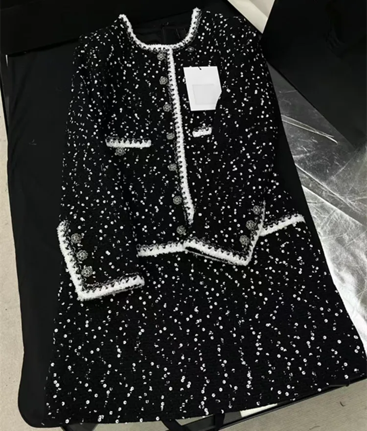 Customization European women's fashion 2026 spring new styles Long-sleeved single-button black sequined tweed coat