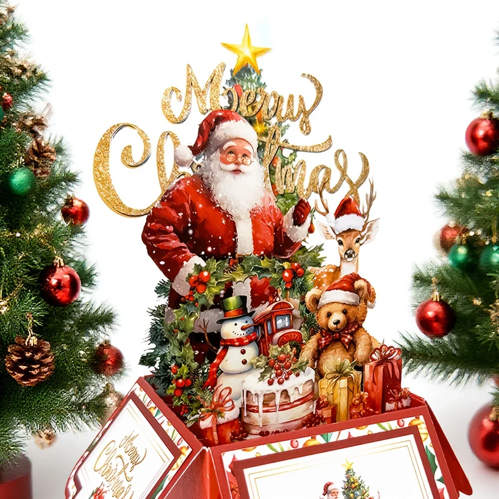 

Christmas Tree Greeting Cards Santa Claus Reindeer Xmas Party Pop Up Card 3D Postcard with Envelope Holiday Decor Supplies 1pcs