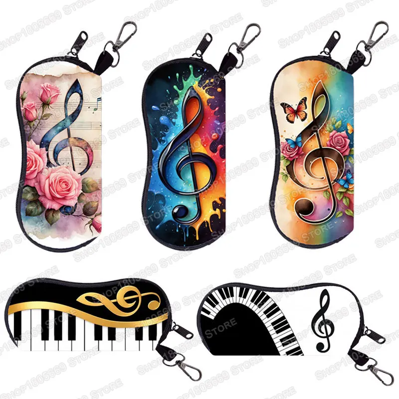 Cute Piano Musical Note Graphic Glasses Case with Hook Sunglasses Storage Bag Portable Glasses Boxes Eyewear Accessories