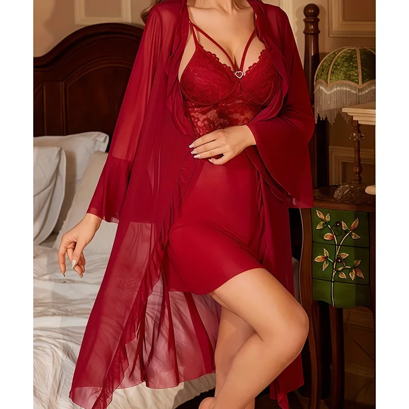 

Burgundy Nightgown Sleepwear Set Women Sexy Lingerie Nightdress Lace Rayon Bathrobe Floral Lace Sexy Lace Nightdress Loungewear