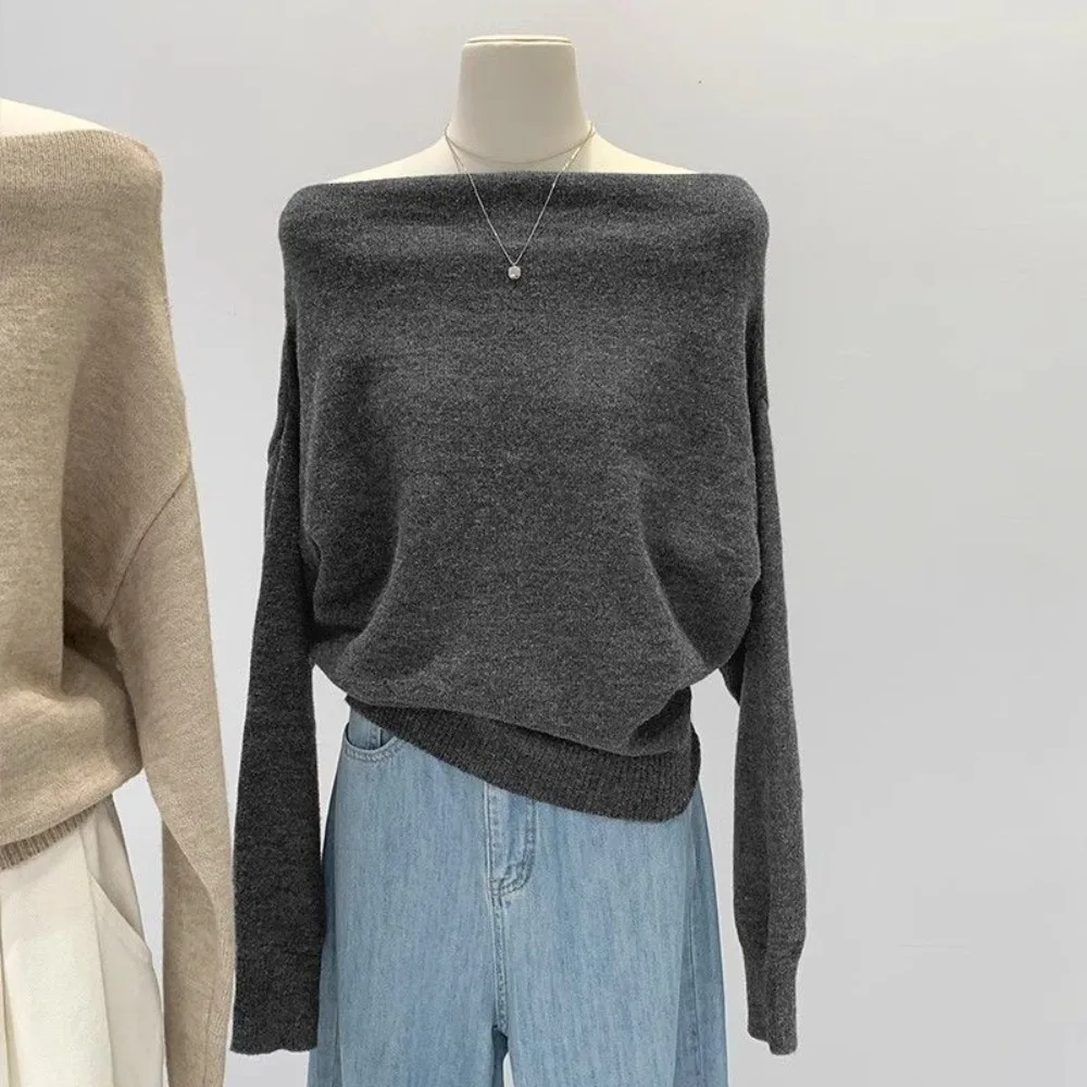 Elegant Slash Neck Lazy French Ropa Mujer Loose Knit Undershirt Women Clothing Moda Thin Slim Off Shoulder Casual Jumper