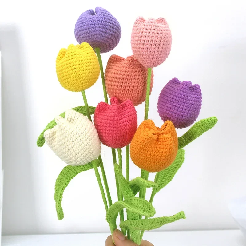 1pcs Knitted Artificial Flowers Crochet Tulips for Home Decor Cotton Yarn Fake Flower for Vase Handmade Mother's Day Gift Friend