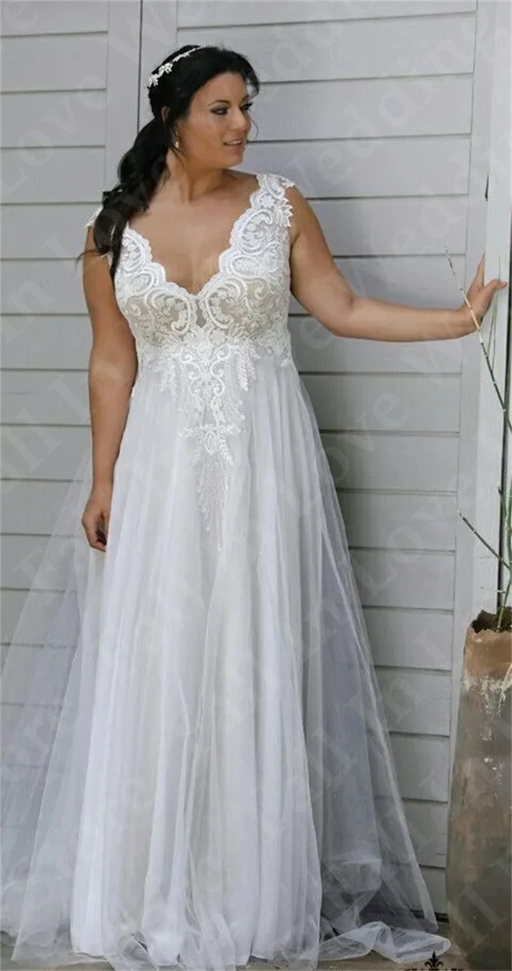 Lindo vestido de noiva em v para mulheres, sem mangas, apliques de renda, linha A, tule, personalizado, zíper ou parte traseira com renda, tamanho grande, vestido de noiva