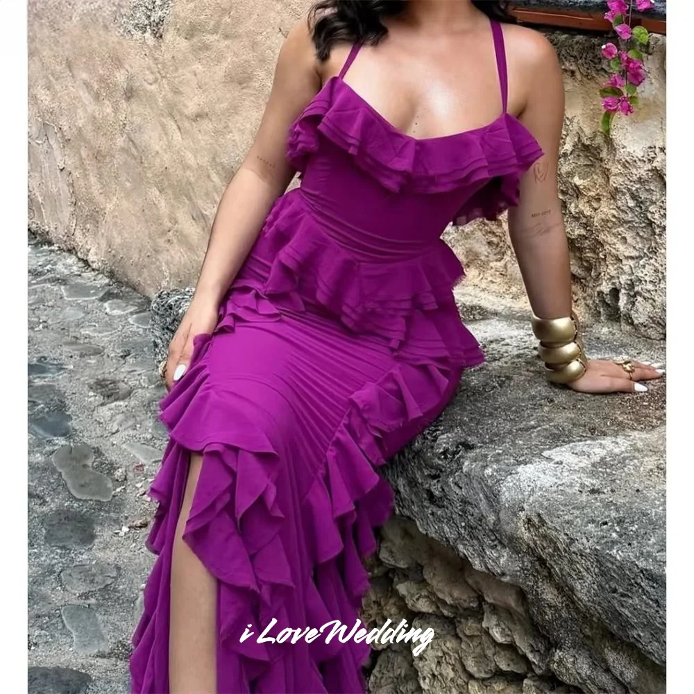 

Purple Spaghetti Strap Evening Dress Chiffon Ruffle Sleeveless Backless Mermaid Tiered Floor-Length Side Split Pleated Customize