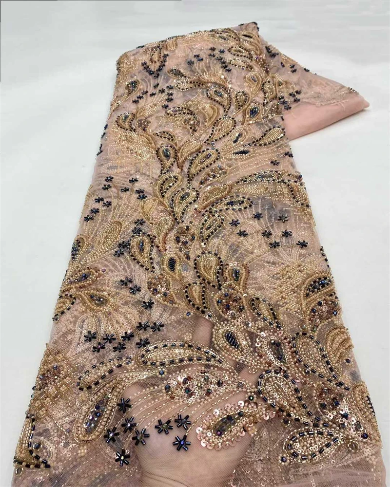 

African Sequins Lace Fabric High Quality French Heavy Beaded Heavy Lace Fabric Nigeria For Bridal Party Dress