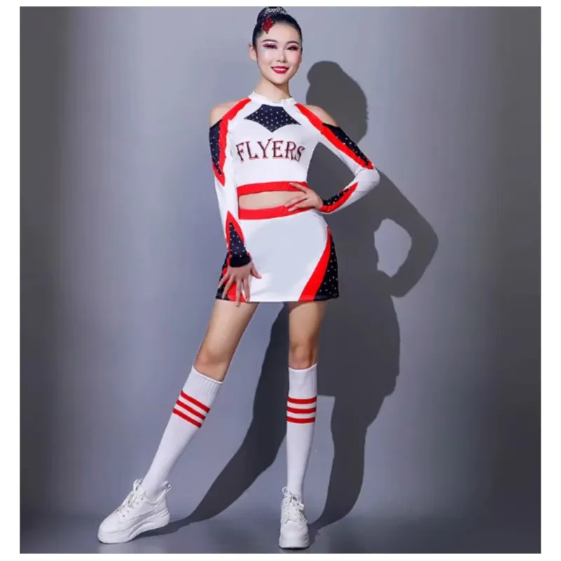 New White Off Shoulder Long Sleeve Campus Cheerleading Female Aerobics Dress Performance Dress Aerobics Clothing