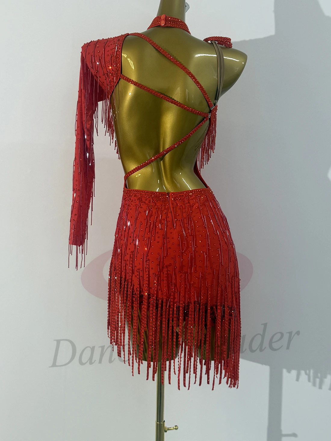 Tancerz latynoamerykański, dorosły, dziecięcy, ekskluzywna, szyta na miarę czerwona sukienka z koralikami, diamentowy bar, frędzle, tango, samba, sukienka sceniczna z kamieniami AB