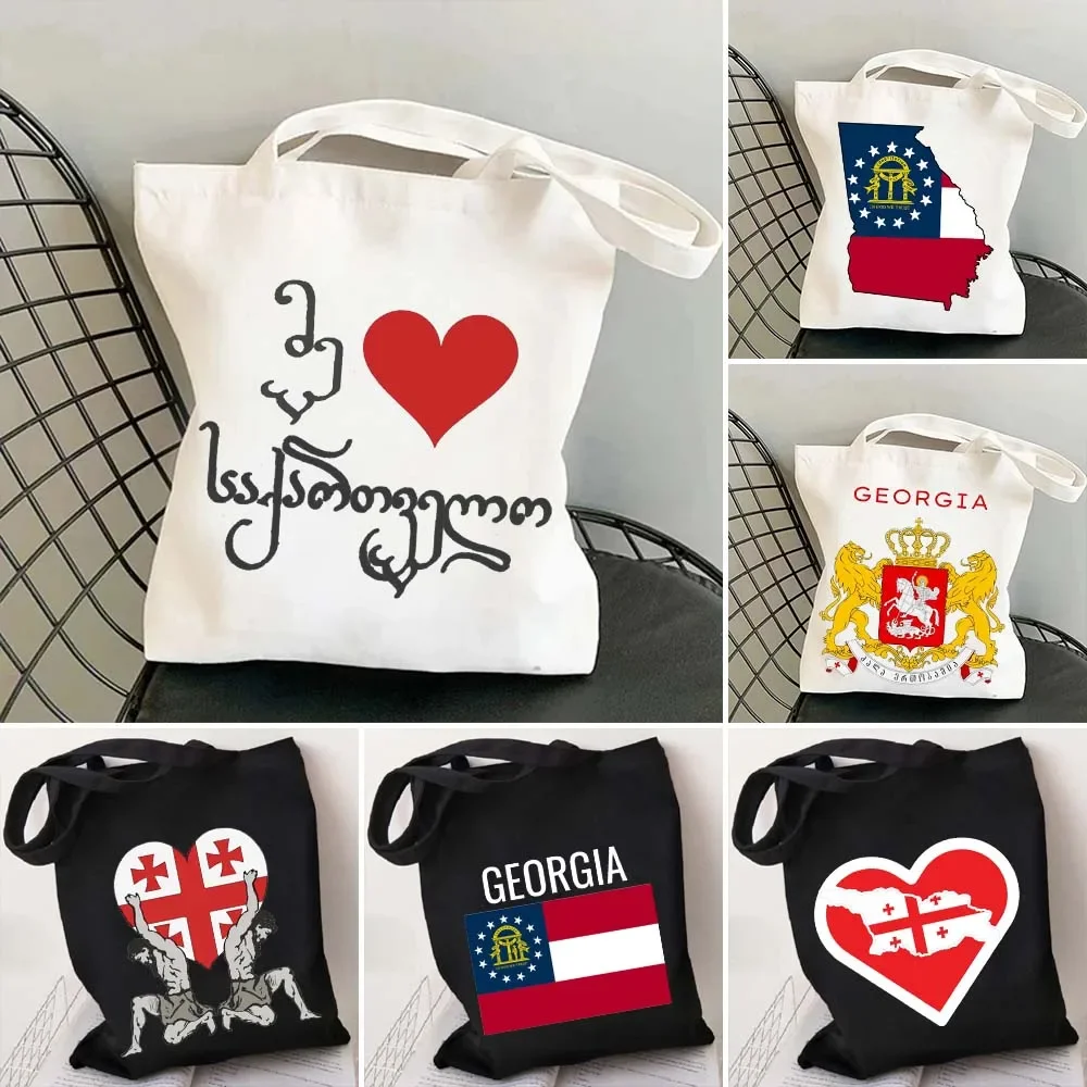 Vintage Love Heart Georgia State Flag Map Letter Print Women's Canvas Shopper Cotton Tote Bags Shopping Shoulder Handbag