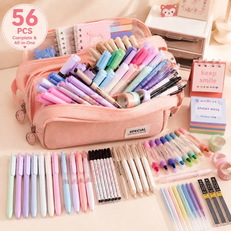 56pcs stationery pencil case set, equipped with assorted pens, highlighters, erasers and desk supplies for neat note-taking.
