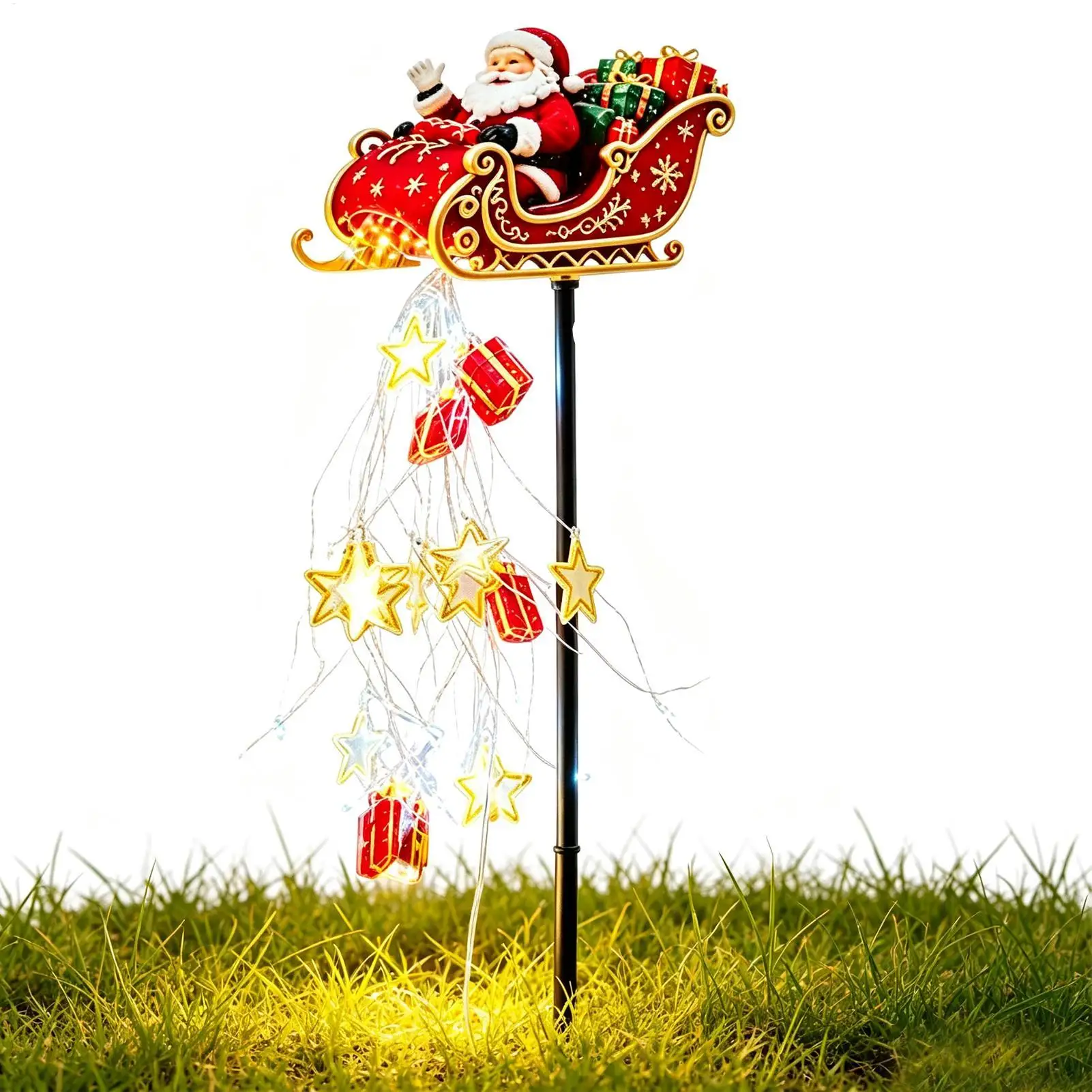 Warm White Santa Flying Sleigh Waterfall Light Christmas Sleigh Decoration Light Durable Battery Operated Outdoor Holiday Decor