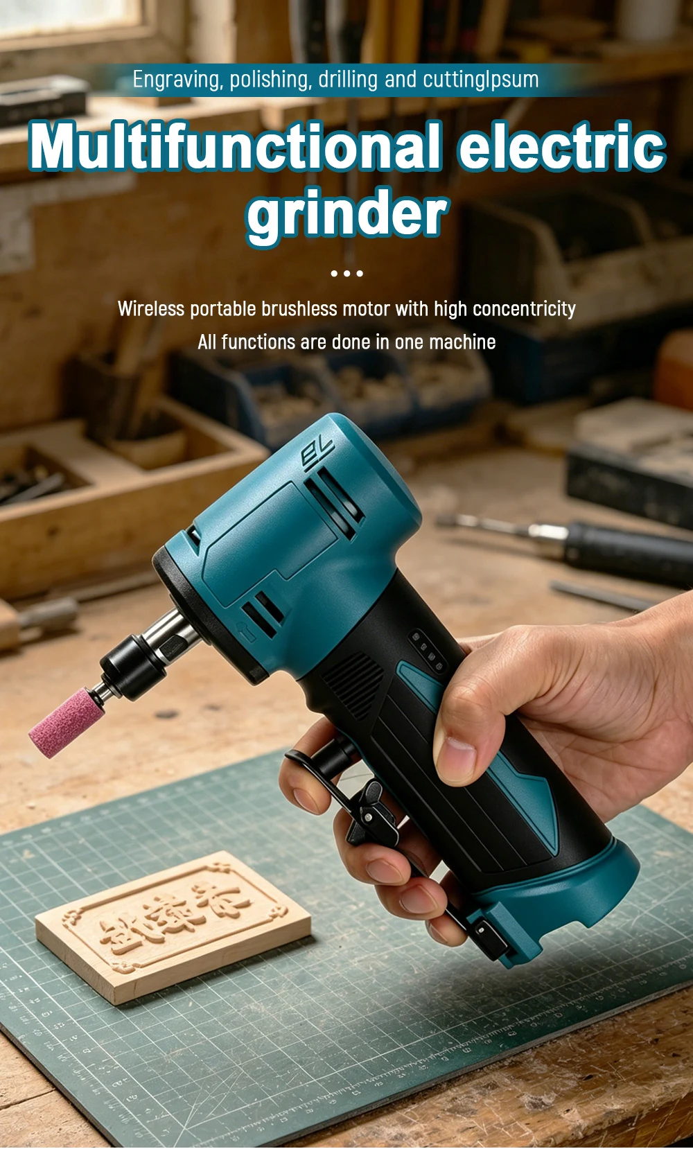 12V Cordless Brushless Straight Die Grinder 3/4 Speed 6.35mm Chuck Engraving Polishing Cutting Power Tool
