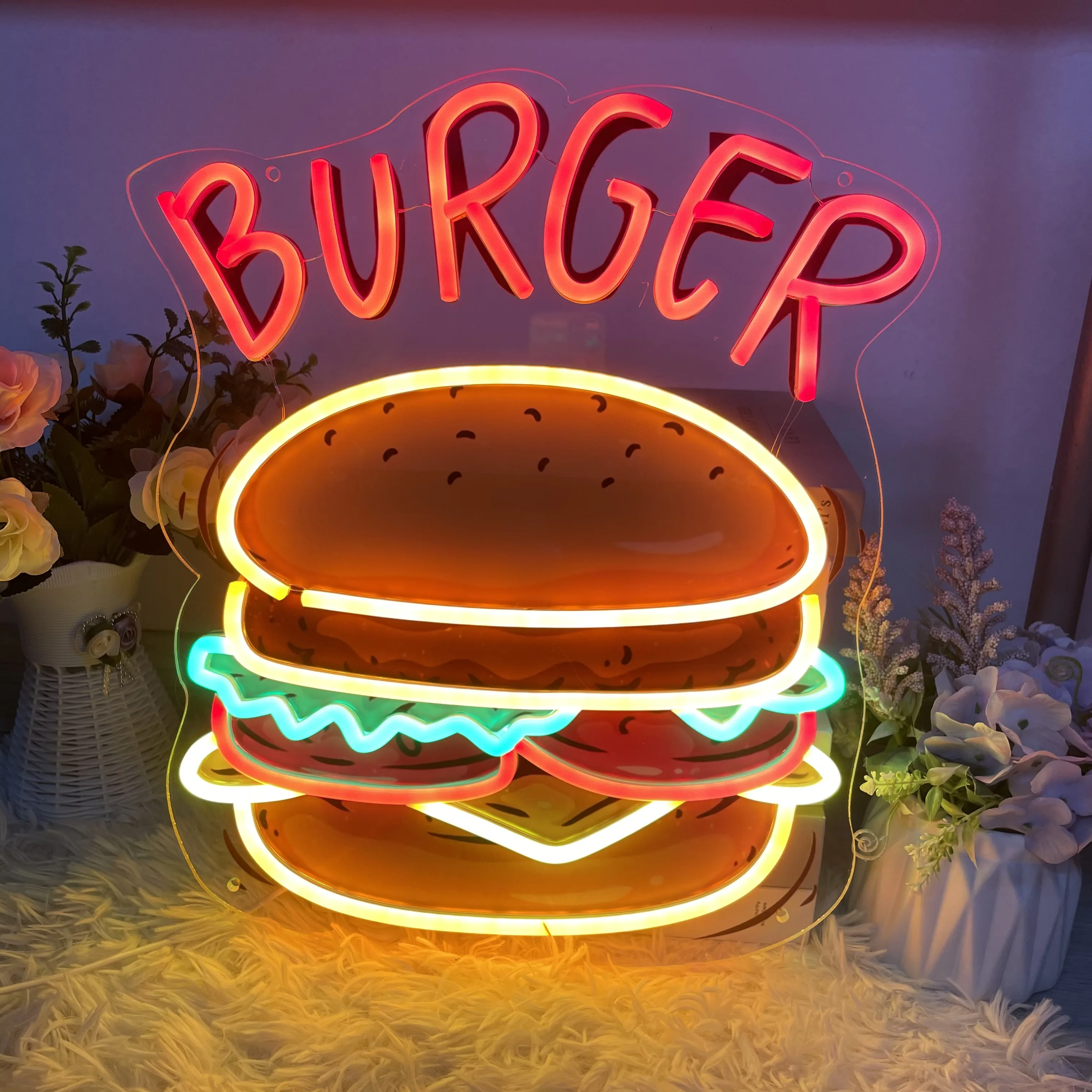 Imagem -02 - Acrílico Hamburger Neon Sign Burger Neon Sign Comida Neon Sign Home Decor Restaurante Arte