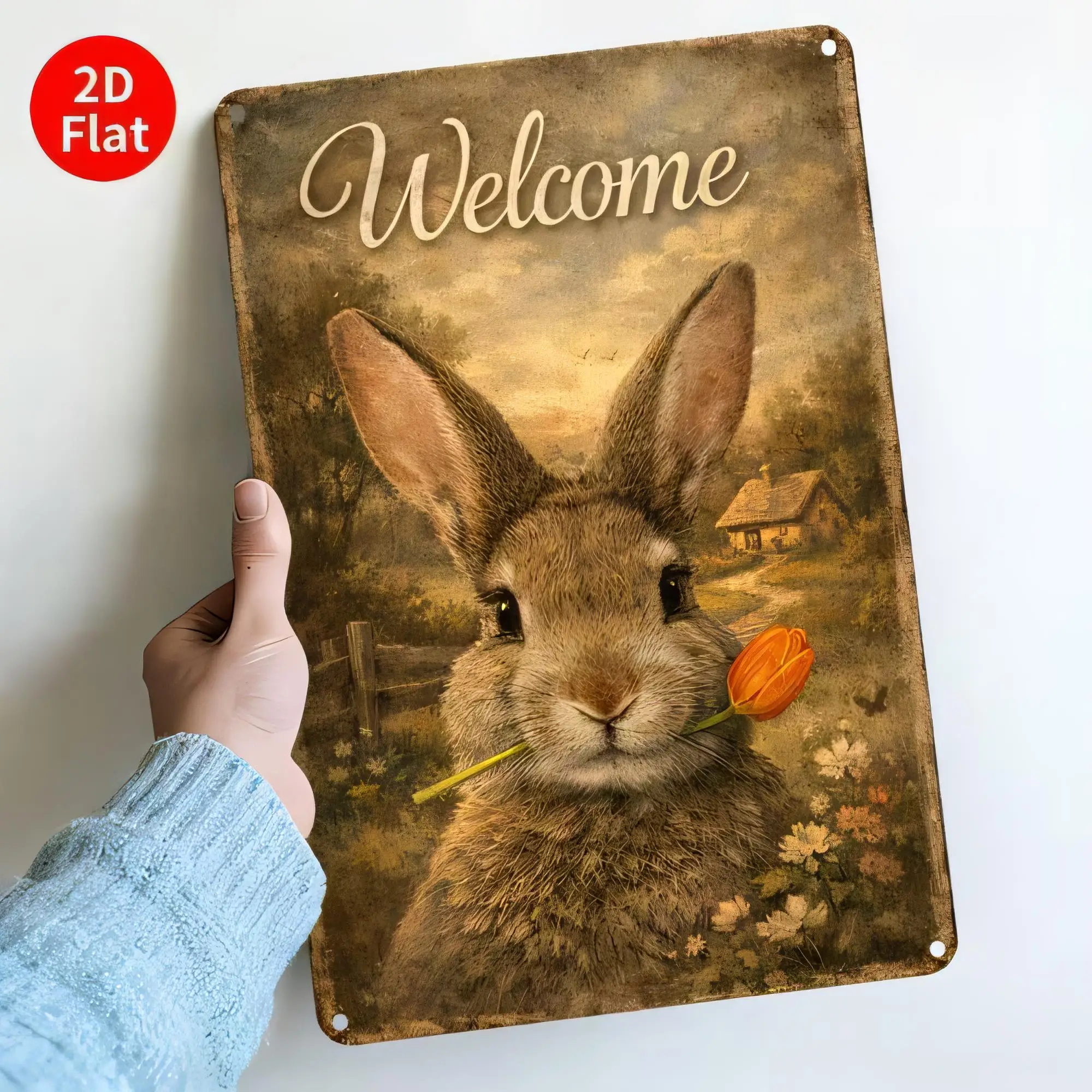 Tin Sign Welcome Rabbit Metal Wall Art Vintage Farmhouse  Rustic Plaque Poster for Easter Spring Home Decor Garden Shed Wall Han