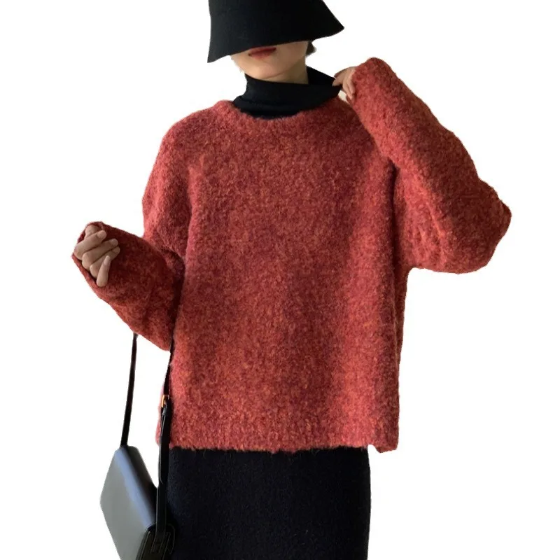 

2025 Autumn and Winter Yellow Sweater Round Neck Pullover Hairy Sweater Retro Loose Versatile Knitted Top