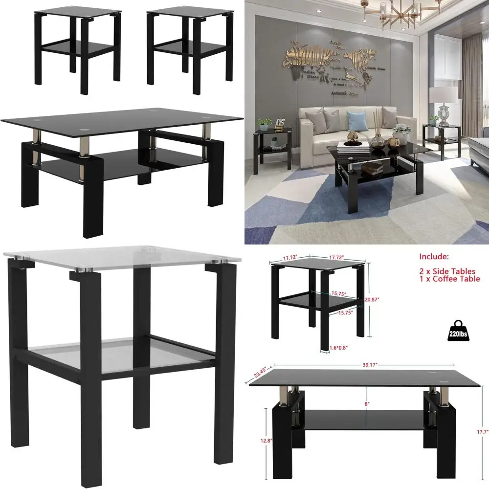 

Modern Black Tempered Glass Coffee & End Table Set, 3-Piece, Square 2-Tier Living Room Furniture