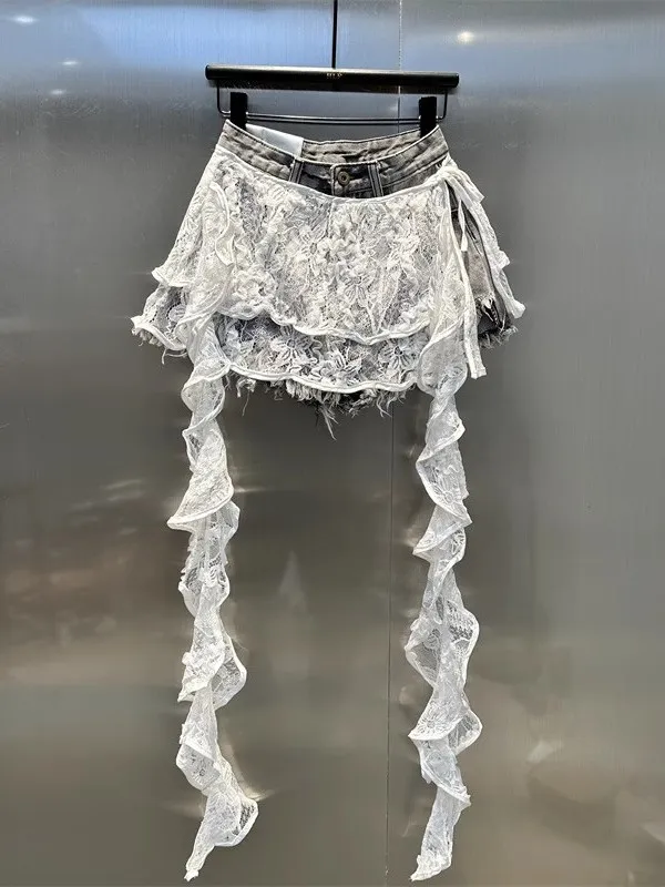 

Pure Desire Lace Splicing Fashionable Versatile Jeans Shorts Loose Slimming Wide Leg Pants High Waist Zipper Closure Summer Wear