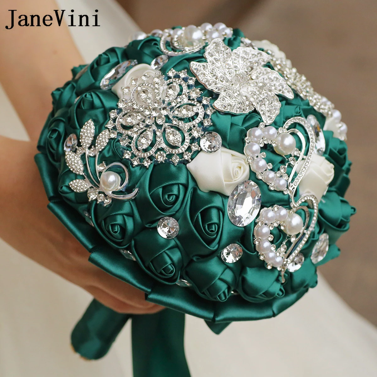 JaneVini Vintage rosas verdes oscuras flores nupciales ramos de boda perlas lujosas cristal novia sosteniendo flores Accesorios