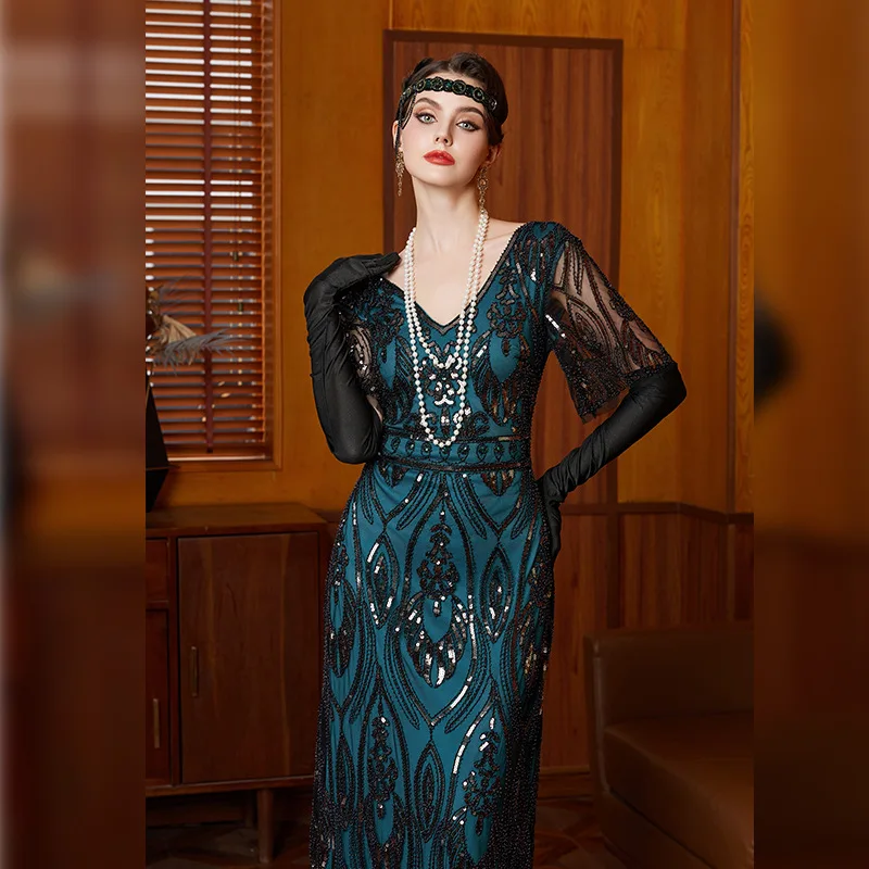 Vintage Embroidered Dress Prom Cocktail Party Plus Size Sequin Beaded Mesh Latin Dance Dress