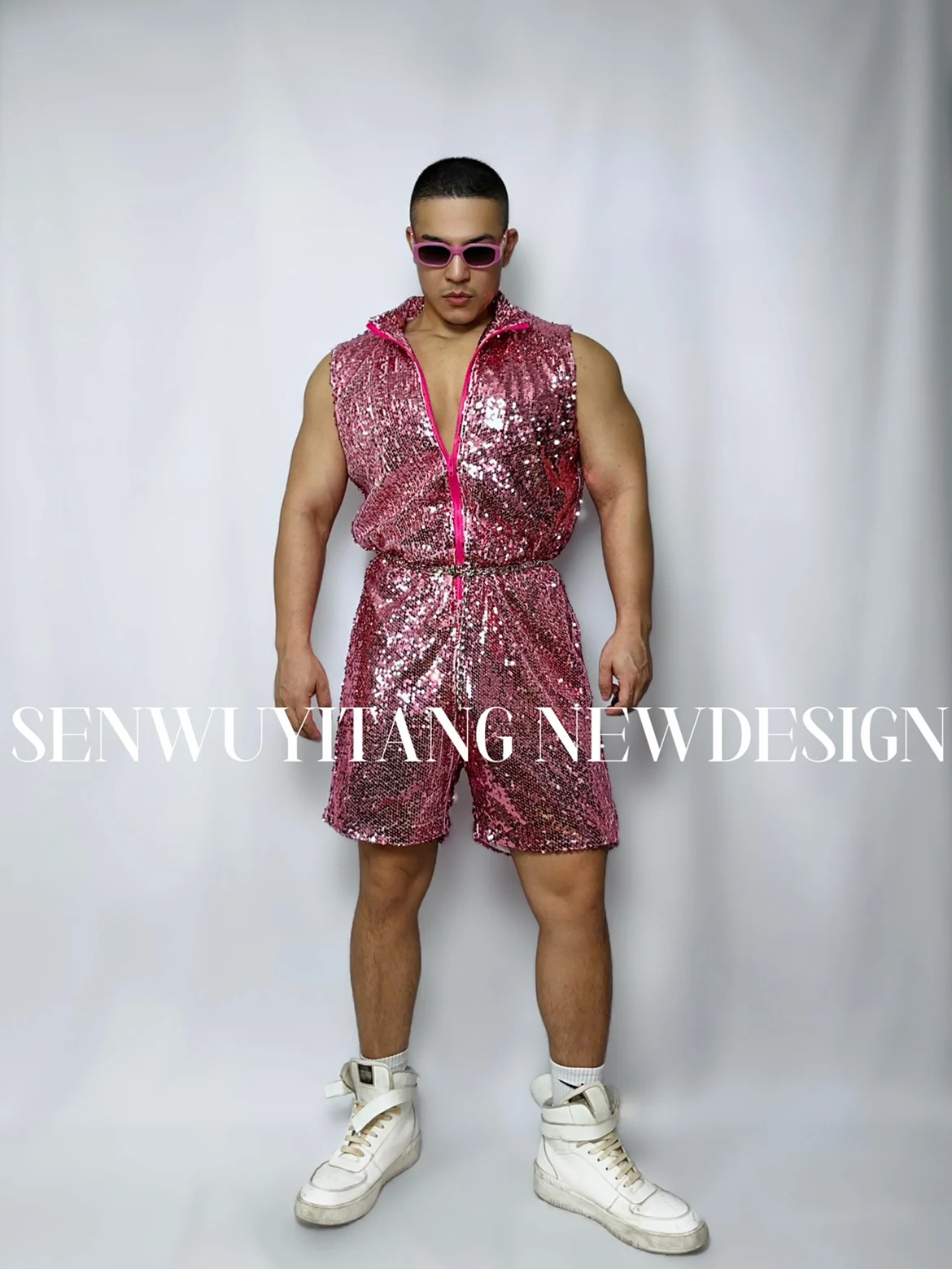 

5 Colours Glitter Sequins Sleeveless Jumpsuit Hip Hop Jumpsuit Short Jazz Dance Stage Club Wear Men Women Nightclub Bar Costume