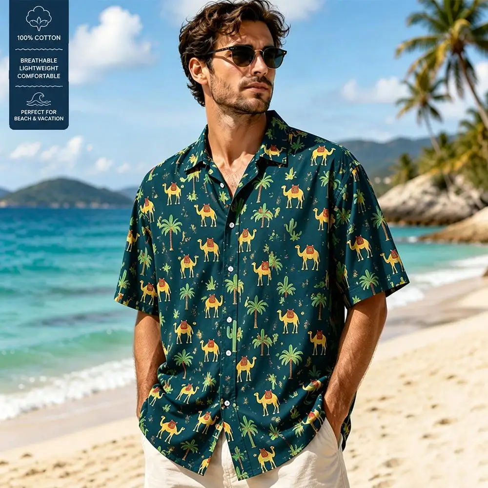 Men Cotton Hawaiian Shirt Western Desert Cactus Print Short Sleeve Button Up Summer Beach Aloha Vacation Loose Party Tops