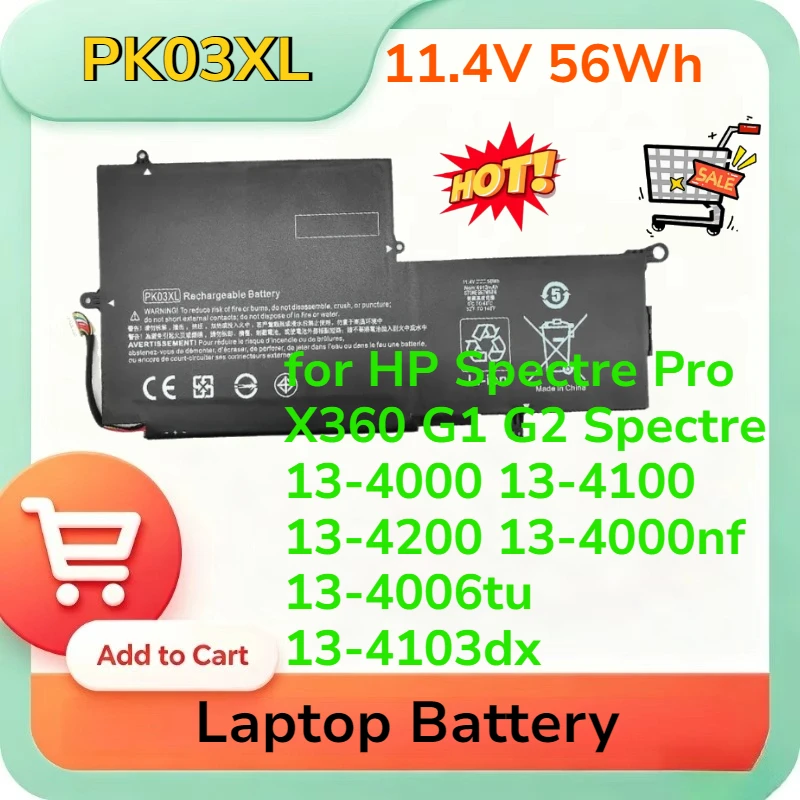 Batería para Portátil PK03XL 11.4V 56Wh para HP Spectre Pro X360 G1 G2 Spectre 13-4000 13-4100 13-4200 13-4000nf 13-4006tu 13-4103dx