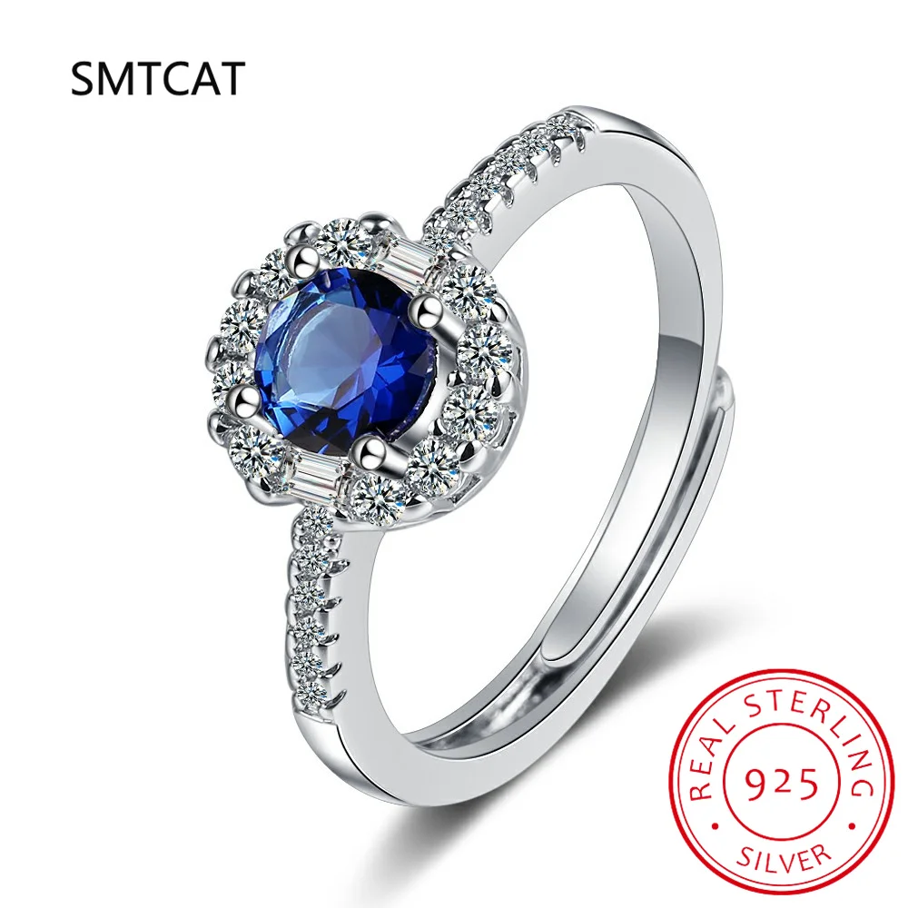 Round Cut Created Blue Sapphire 925 Sterling Silver Ring for Women Fashion Statement Gemstone Jewelry Halo Engagement Ring