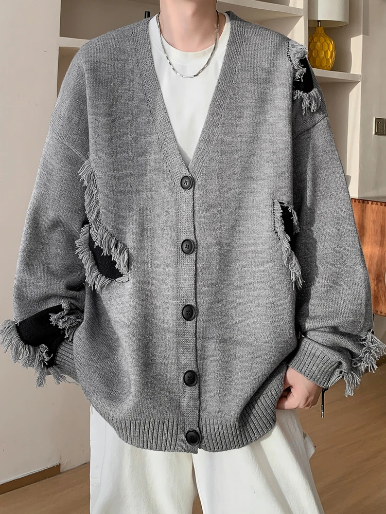 

Men's plus Size Knitted Cardigan Loose Fit Trendy Spring Outerwear with Hole Design And Frayed Hemline Comfortable Casual Wear