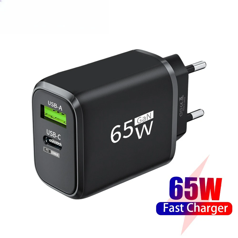 2 Ports 65W GaN Charger USB Type C Fast Charging Mobile Phone Charge Adapter For Samsung Xiaomi QC3.0 Fast Charger Travel Plug