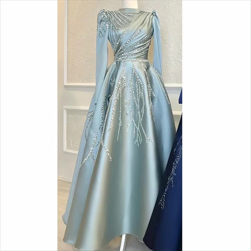 تخصيص الأزرق الداكن فساتين حفلة موسيقية أنيقة الساتان عالية الرقبة طويلة الأكمام فساتين السهرة مع التطريز مطرز Festasin ال #2