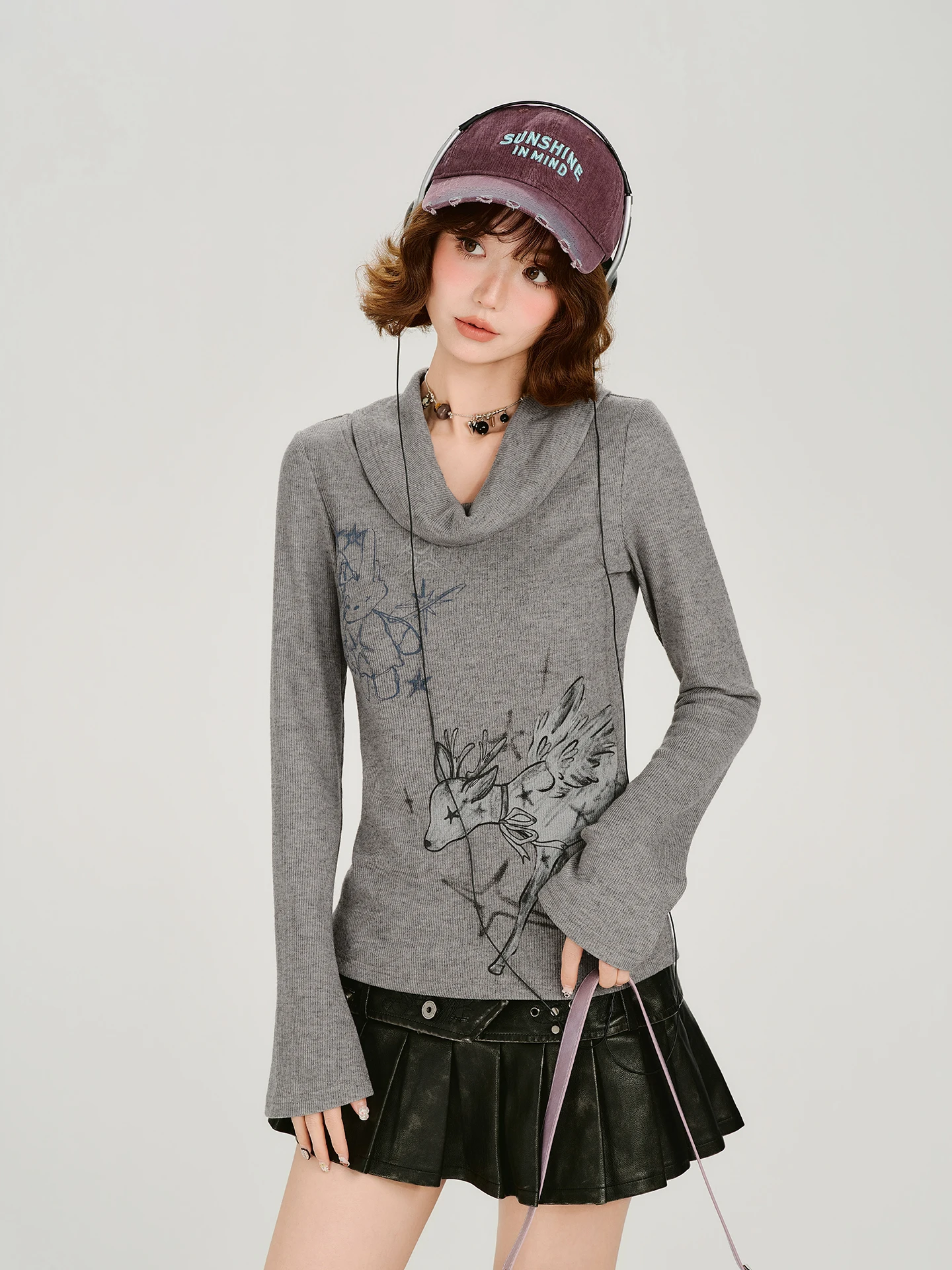 

Girly American Retro Print Large Collar One oulder Long Sve T-irt Women's Spring New Slim Fit Top Casual Sle
