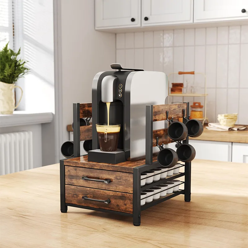 Wrought iron double-layer pullable coffee capsule storage rack with double side hook cup household coffee machine rack