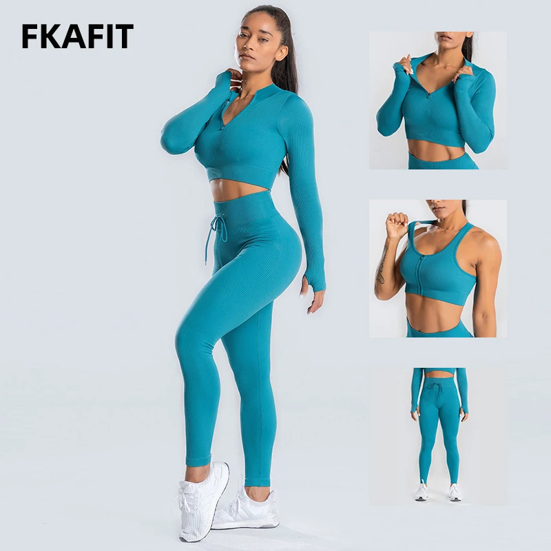 2/3Pcs Women\'s Tracksuit Seamless Ribbed Yoga Set Fitness Long Sleeve Shirts Crop Top Sport Bra High Waist Leggings Gym Clothing