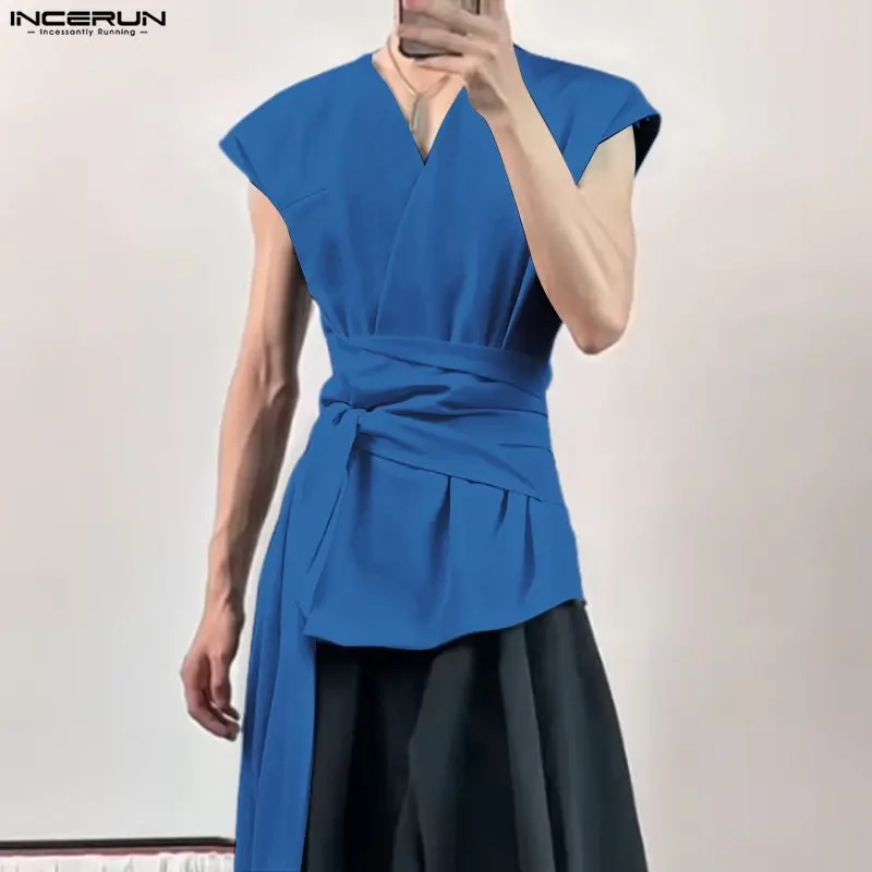 

INCERUN Men Vests Solid Color V Neck Sleeveless Lace Up Male Waistcoats Streetwear Loose Leisure Fashion Casual Vests Men S-5XL