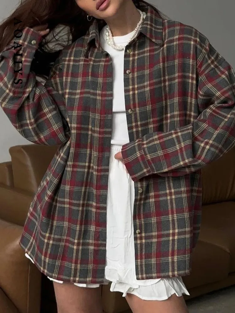 

Plaid Shirt Women Fashion Loose Vintage Blouse Elegant Single-breasted Long Sleeve Blouses Spring Autumn 2025 New Classic Tops
