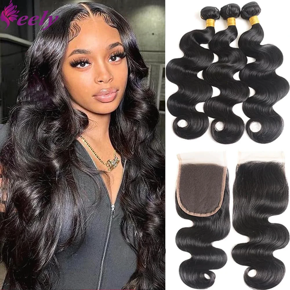 Braziliaanse Human Hair Bundels Frontale 4X4 Transparante Lace Body Wave Extensions 30 Inch100 % Echt Menselijk Haar Bundels Met Sluiting