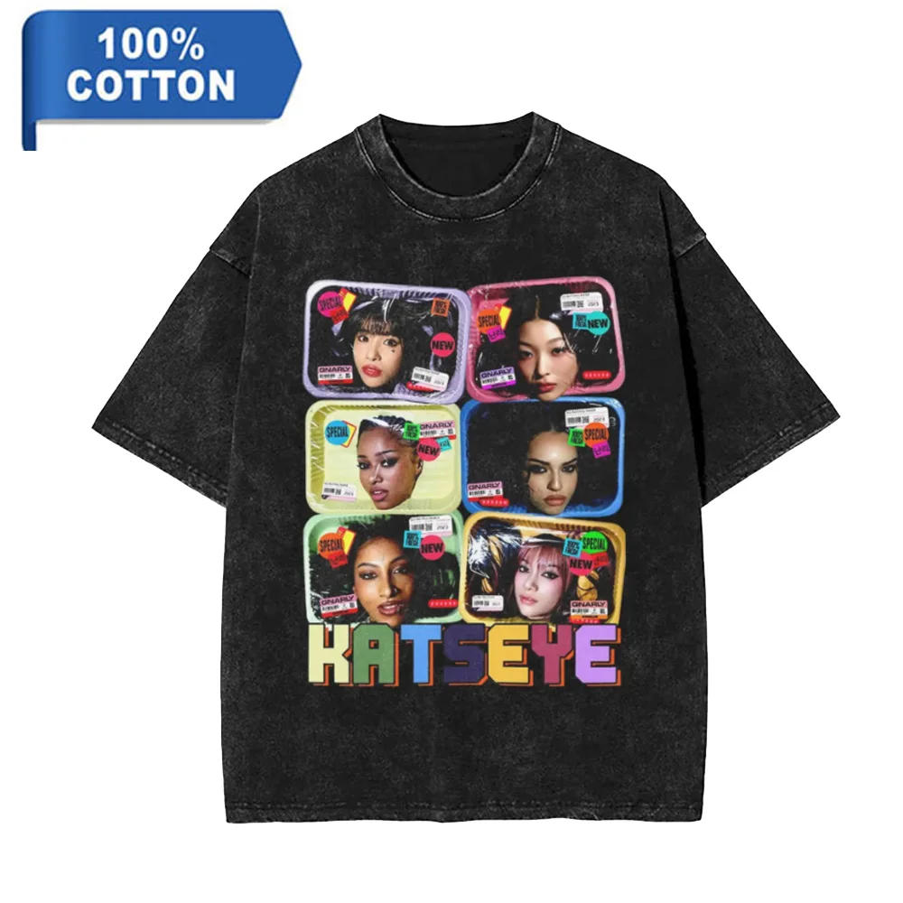 

Vintage Tshirt Fashion KATSEYE Merch Washed TShirt Men Women Short Sleeve Crewneck Cotton Tee Shirt Streetwear For Unisex