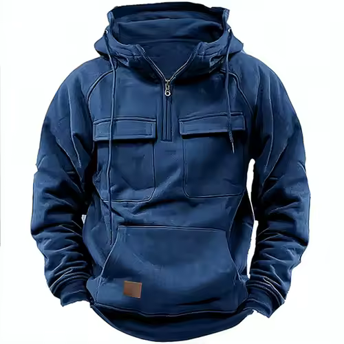 New autumn-winter men's hooded solid-color casual hoodie - fashionable young man's multi-pocket patch hoodie pullover shirt - Image 4