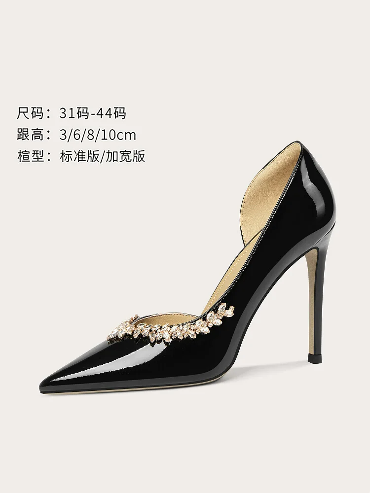 

Spring new pointed side empty patent leather rhinestone shoes thin high-heeled banquet large size small size women's sandals