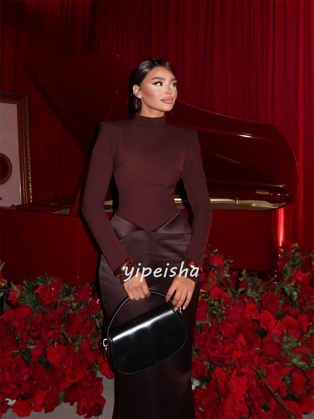 Customized Matching Simple Charmeuse Ruched Pleat Mermaid High Collar Long Dresses Bespoke Occasion Dresses Sizes Available Sexy