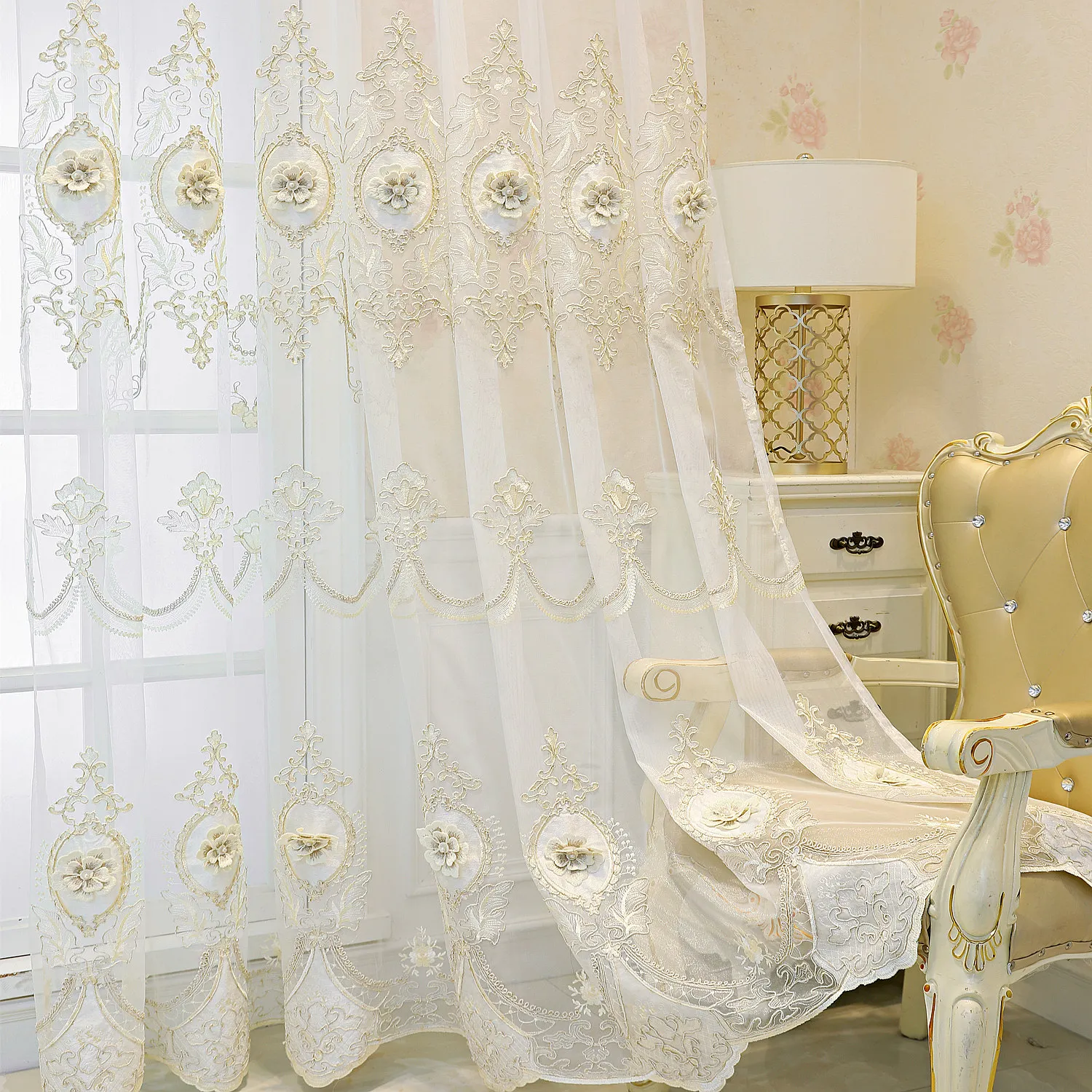 

Luxury European Embroidered Sheer Curtain with 3D Relief Floral Pattern Elegant Window Drapes for Living Room & Bedroom