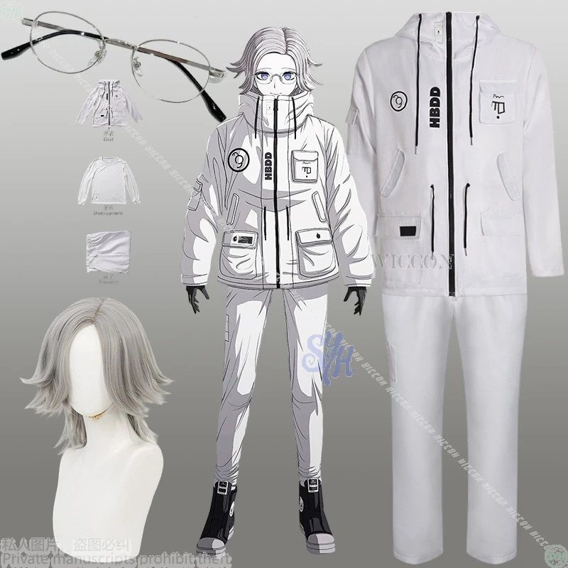 

Aotsuki Eito Cosplay Game the Hundred All White Punk Coat Y2K Fashion Uniform with Glasses And Wig for Halloween Anime Party Rol